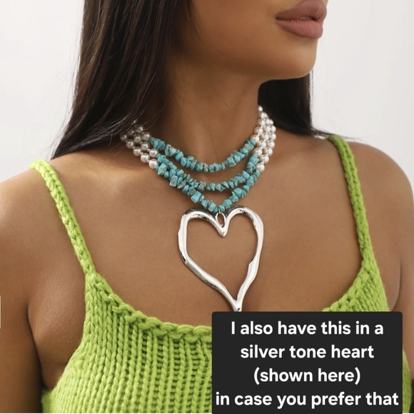 Heart Necklace Gold Pendant Turquoise and Pearl Strands - Picture 11 of 15